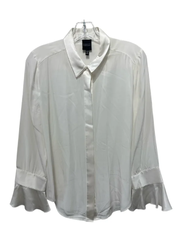 Barneys New York Size 42/S White Silk Button Up Long Sleeve Collar Top