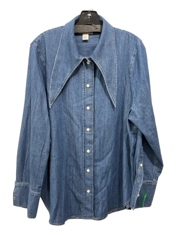 COS Size 10 Blue Cotton Button Up Long Sleeve Collar Top