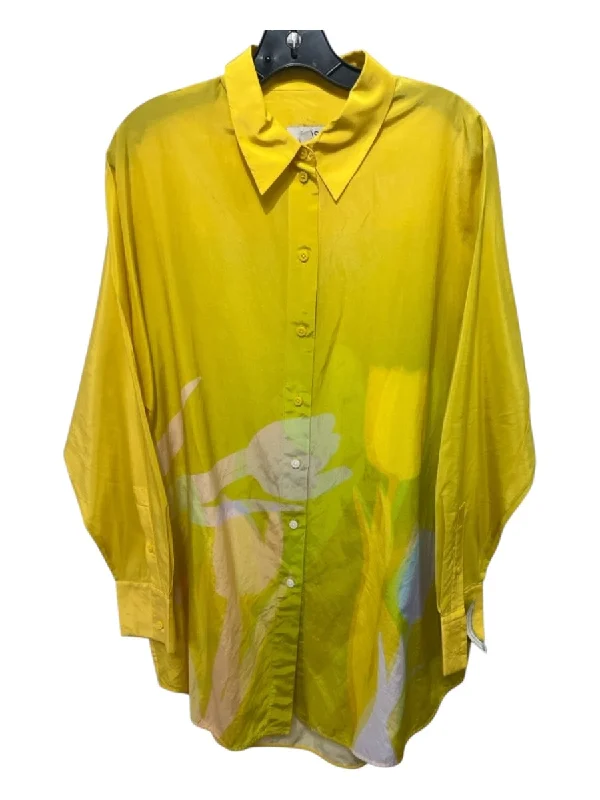 COS Size 10 Yellow Print Silk & Cotton Button Down Tulips Long Sleeve Top