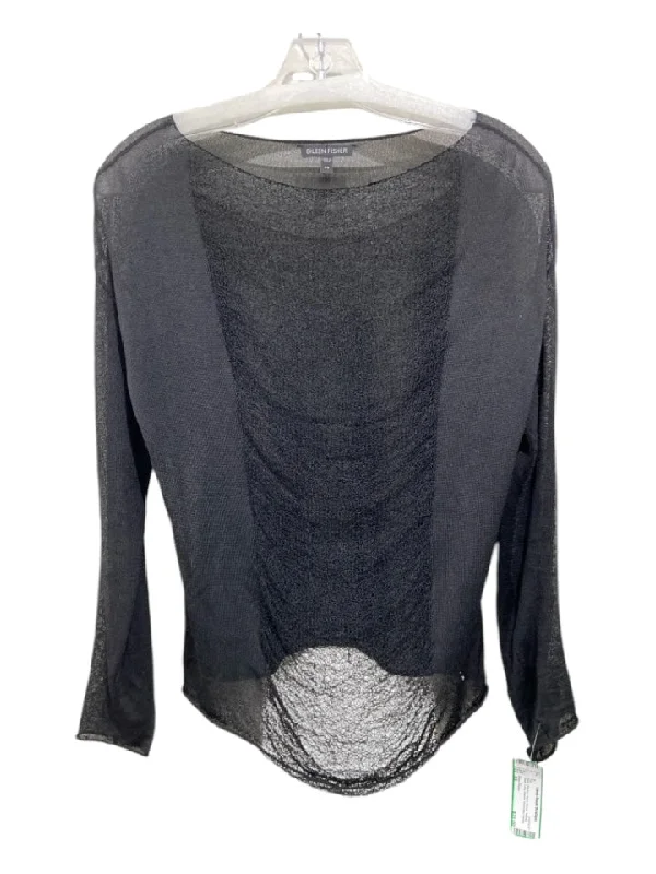 Eileen Fisher Size XS Black Rayon & Nylon Blend Netting Sheer Long Sleeve Top