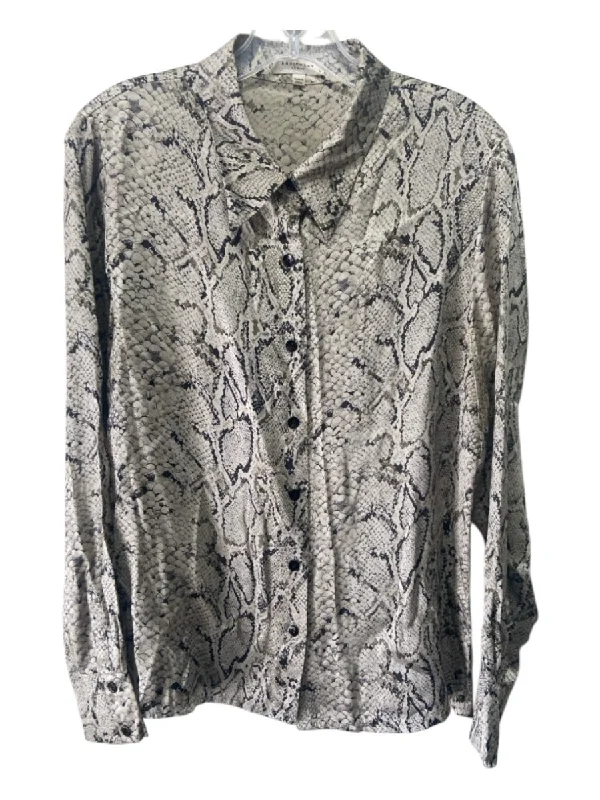 Equipment Size L Gray & Black Silk Animal Print Button Up Long Sleeve Collar Top