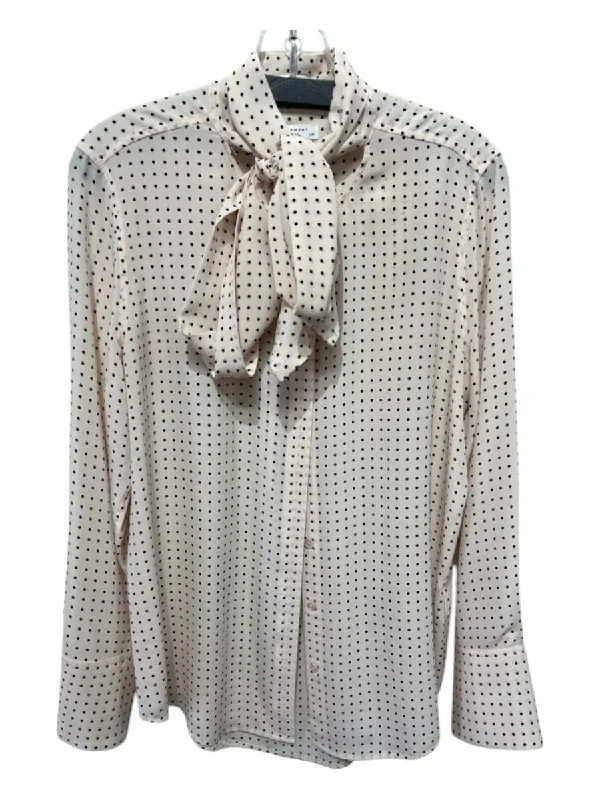 Equipment Size Large Pale Pink & Black Silk Long Sleeve Polka Dot Neck Tie Top