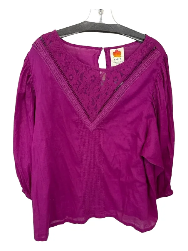 Farm Rio Size 2X Purple Cotton Long Sleeve Lace Detail Top