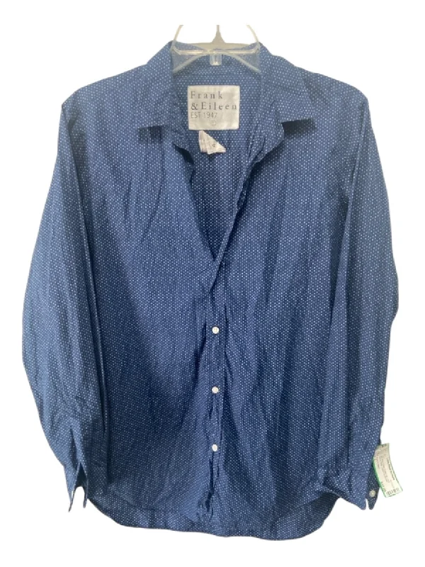 Frank & Eileen Size L Blue Print Cotton Button Up Long Sleeve Collar Letters Top