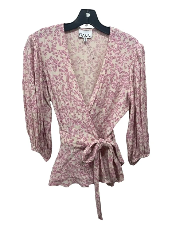 Ganni Size 38 Creme & Pink Viscose Long Sleeve Floral Wrap Top