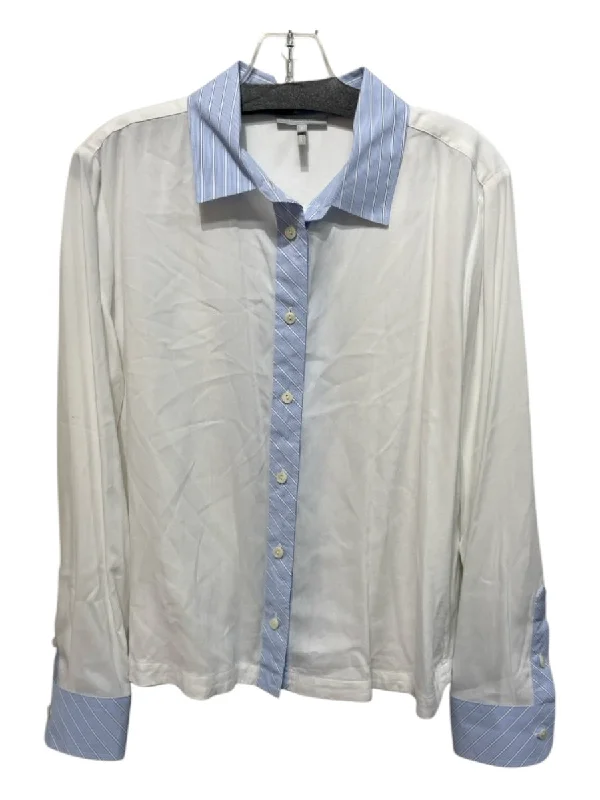 Hinson Wu Size 1 White & Blue Tencel Lyocell Button Up Collar Long Sleeve Top