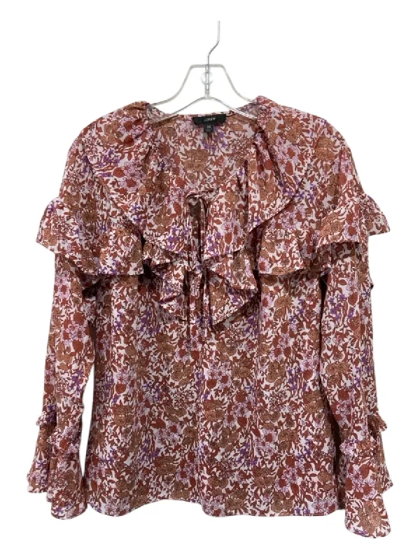 J Crew Size XS White, Red, Purple Polyester Long Sleeve Floral Ruffles Top