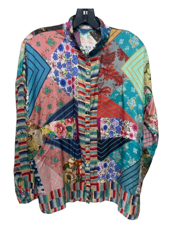 Johnny Was Size XS Blue & Multi Silk Long Sleeve All Over Print Button Up Top