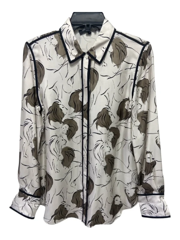 Lafayette 148 Size S Taupe, White & Black Silk Floral Button Up Long Sleeve Top