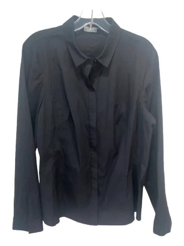 Lafayette Size 16 Black Cotton Button Front Long Sleeve Collar Top