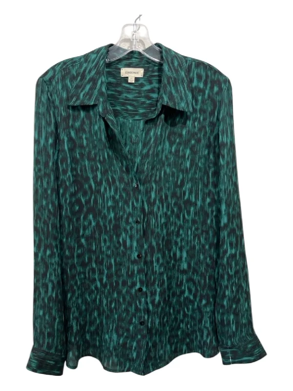 L'agence Size L Green & Black Silk Heathered Button Down Long Sleeve Collar Top