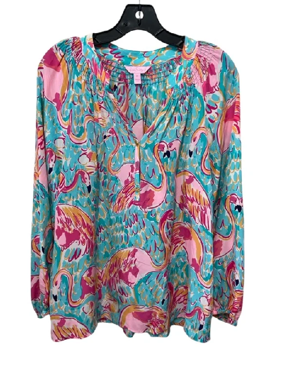 Lily Pulitzer Size M Blue & Pink Print Silk Half Button Long Sleeve Flamingo Top