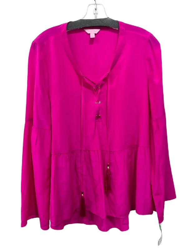 Lily Pulitzer Size M Hot pink Soie Peasant Long Sleeve Tie Neck Top