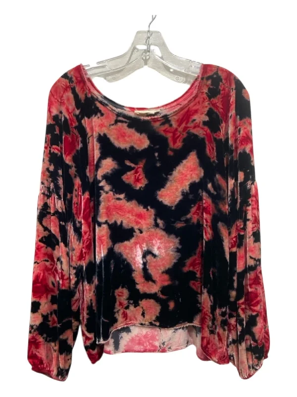 Nation Size L Red & Black Print Rayon & Silk Velvet Floral Long Sleeve Top