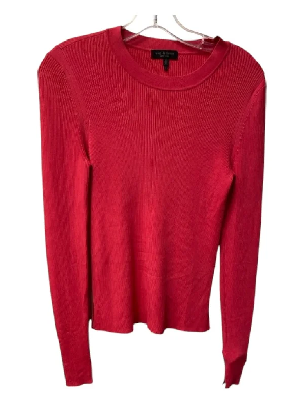 Rag & Bone Size S Dark Coral Viscose Blend Crew Neck Long Sleeve Ribbed Top