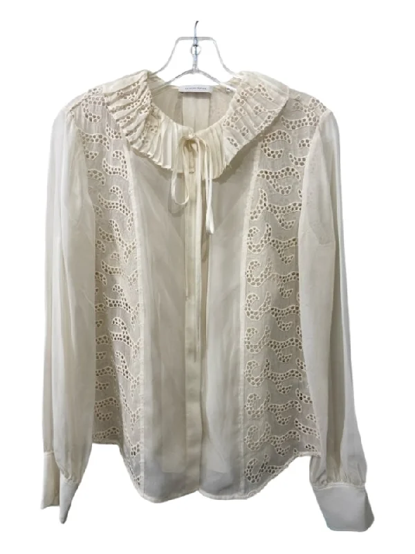 Rebecca Taylor Size 4 Cream Silk Eyelet Long Sleeve Collar Slip Incl. Top