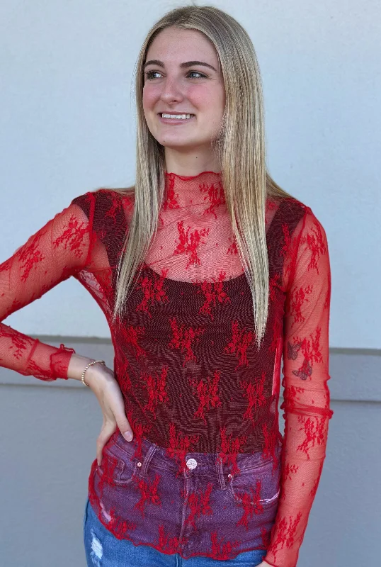 RED LONG SLEEVE FLORAL LACE TOP