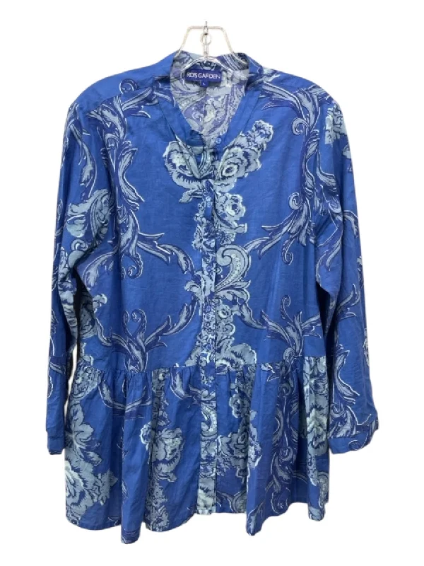 Ro's Garden Size L Blue Print Cotton Floral Button Up Long Sleeve Peplum Top