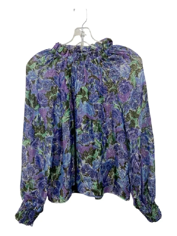 Saylor Size Medium Blue, Purple, Green Viscose Blend Long Sleeve Floral Top