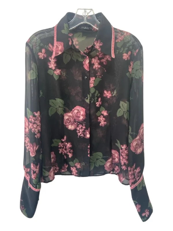 Sisley Size L Red, Pink & Green Polyester Floral Button Up Long Sleeve Sheer Top