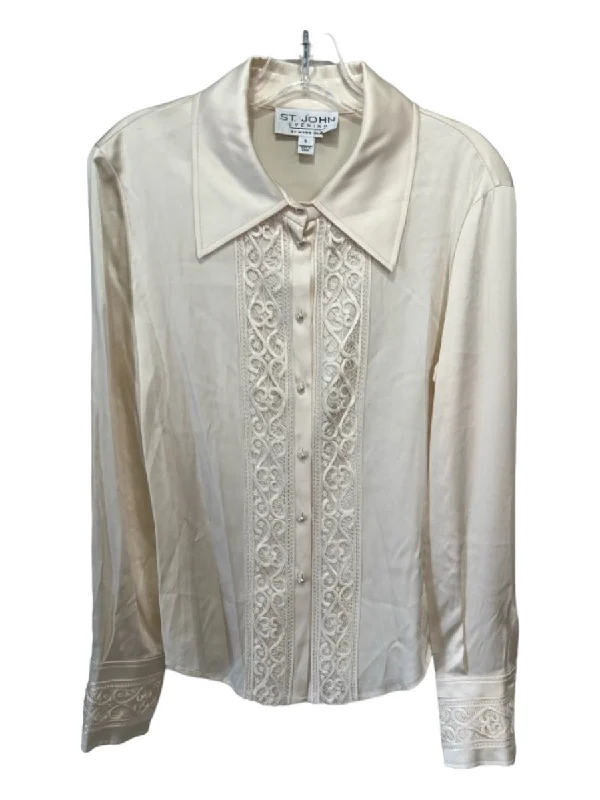 St John Evening Size 8 Beige Silk Collared Button Up Long Sleeve Lace Detail Top