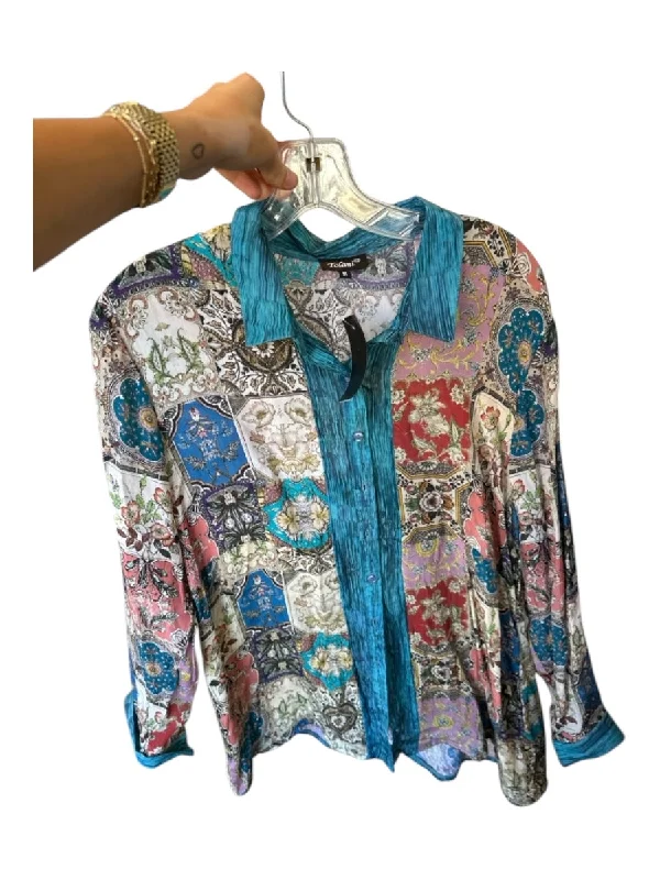 Tolani Size M Teal & Cream Cupra Long Sleeve Floral Button Down Top