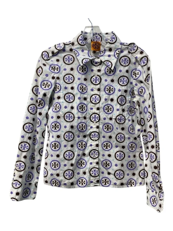 Tory Burch Size Est S White & Purple Cotton Collared Long Sleeve Button Up Top