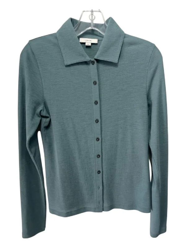 Vince Size M Teal Green Wool Button Up Collar Long Sleeve Top