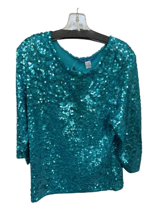 White + Warren Size XL Aqua Silk Blend Long Sleeve Sequins Top