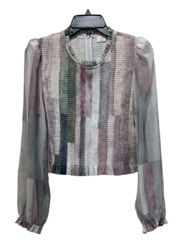 Wilfred Size L Gray, Purple, Green Polyester Abstract Sheer Long Sleeve Top