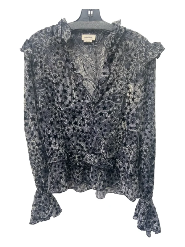 Zadig & Voltaire Size Large Gray & Black Viscose Blend Long Sleeve Ruffle Top