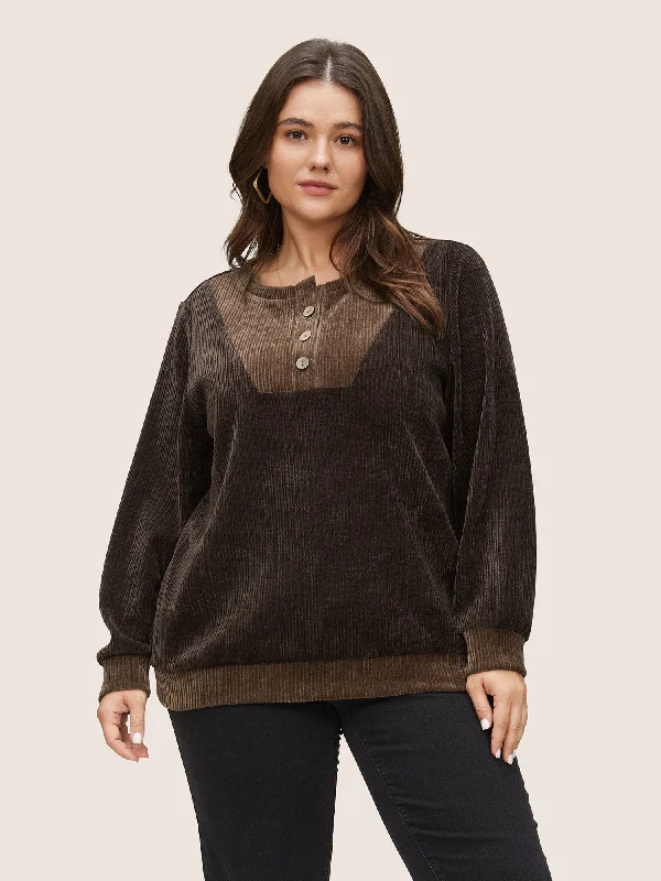 Chenille Plisse Patchwork Button Detail Sweatshirt