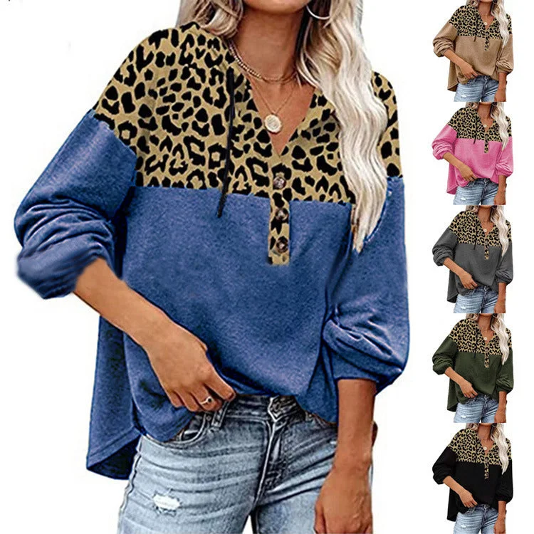 Women's Leopard Loose Casual Long Sleeve Hooded Sweatshirt